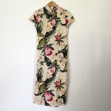 Vintage Young Hawaii Floral Tropical Oriental Keyhole Long Dress Women's Small