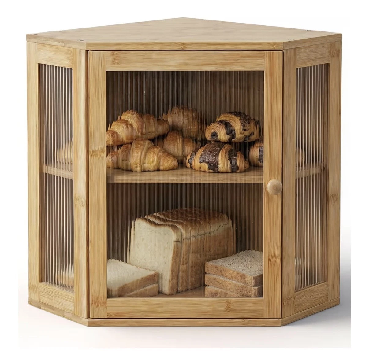 Corner Bread Box for Kitchen Countertop: Bamboo Storage Container for Homemad...