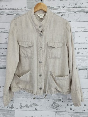 C C California Womens Small Linen Utility Jacket Textured Weave Beige
