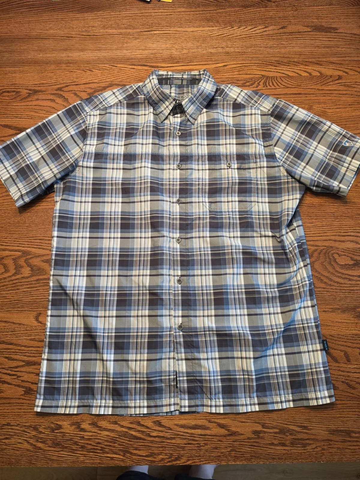 Kuhl Eluxur Ionic Button Up Shirt Mens Large Blue Plaid S/S Hiking Camping