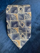 Cravatta classica BHS vintage motivo astratto in blu oro giallo ocra 100% seta