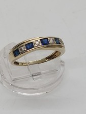 9ct Yellow Gold Blue & White Sapphire Half-Eternity Ring Size O (2g) Hallmarked