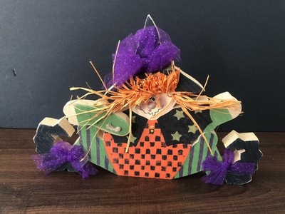 Vtg Hand Painted Witch Shelf Sit Halloween Folk Art Whimsy Wood 7  Tall Signed