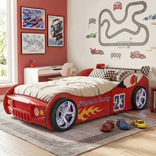 Twin Size Race Car-Shaped Wooden Platform Bed Frame w/ LED Wheel Lights for Kids