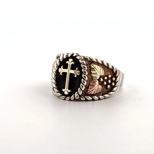 Vintage Coleman's Black Hills Gold 925 10k Mens Cross Black Onyx Ring Sz 8