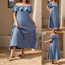 Women Sexy Ruffle Cold Shoulder Dress Ladies Casual Loose Holiday Swing Dresses