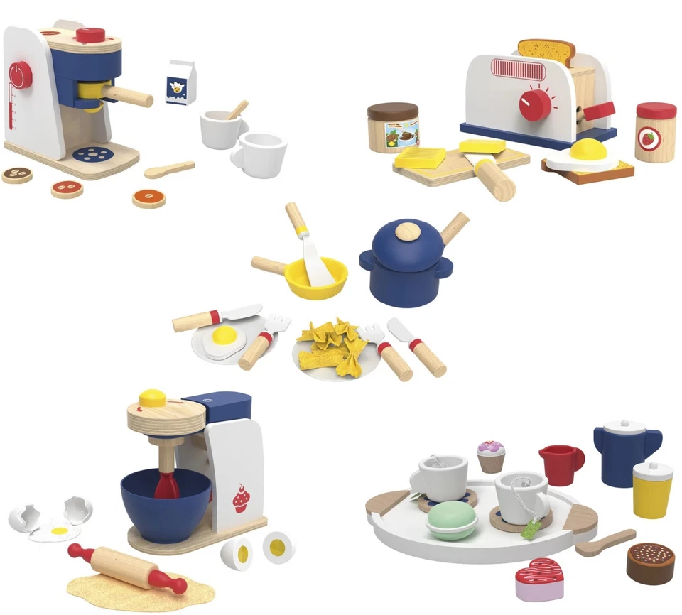 PLAYTIVE Küchenzubehör Set Toaster Kaffeemaschine Küchenmaschine KüchenspielzeugEcht Holz