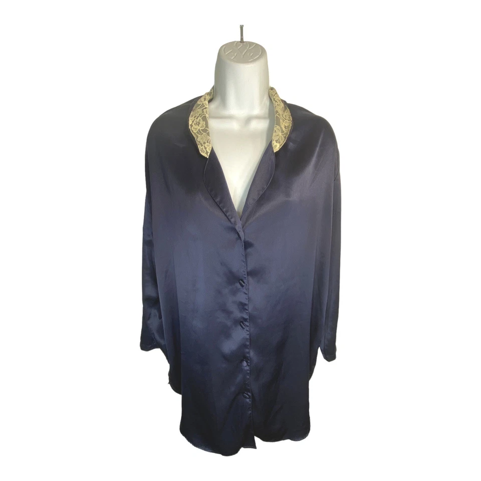 Vintage 80's Victoria's Secret Satin Night Shirt Gold Label Blue Lace Collar M/L - Image 3 of 4