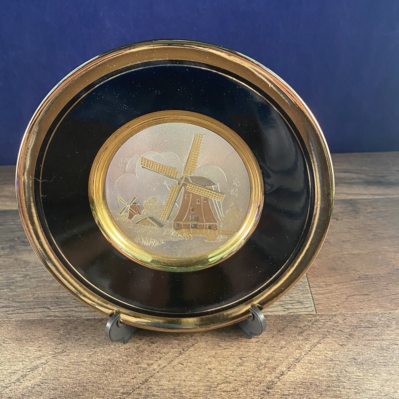 The Art of Chokin 24K Gold Edged Black Decorative Plate Windmill 6" Japan