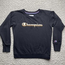 Champion Sweatshirt Womens S Black Powerblend Boyfriend Crew Script Logo Sweater
