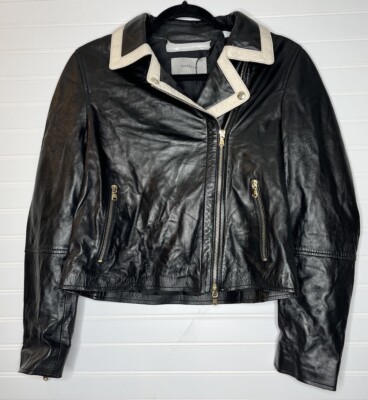 Marella Gentile Black Lamb Leather Bomber Jacket Full Zip Designer Soft Size 6