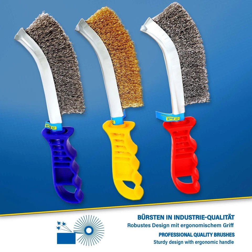 S&R 3-teiliges Hand-Drahtbürsten-Set: Edelstahl-, Messing- und Stahlbürsten - Bild 3 von 4