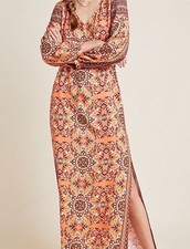 Farm Rio Clarabella Maxi Dress XS New NWT Orange RARE Anthropologie Long Sleeve