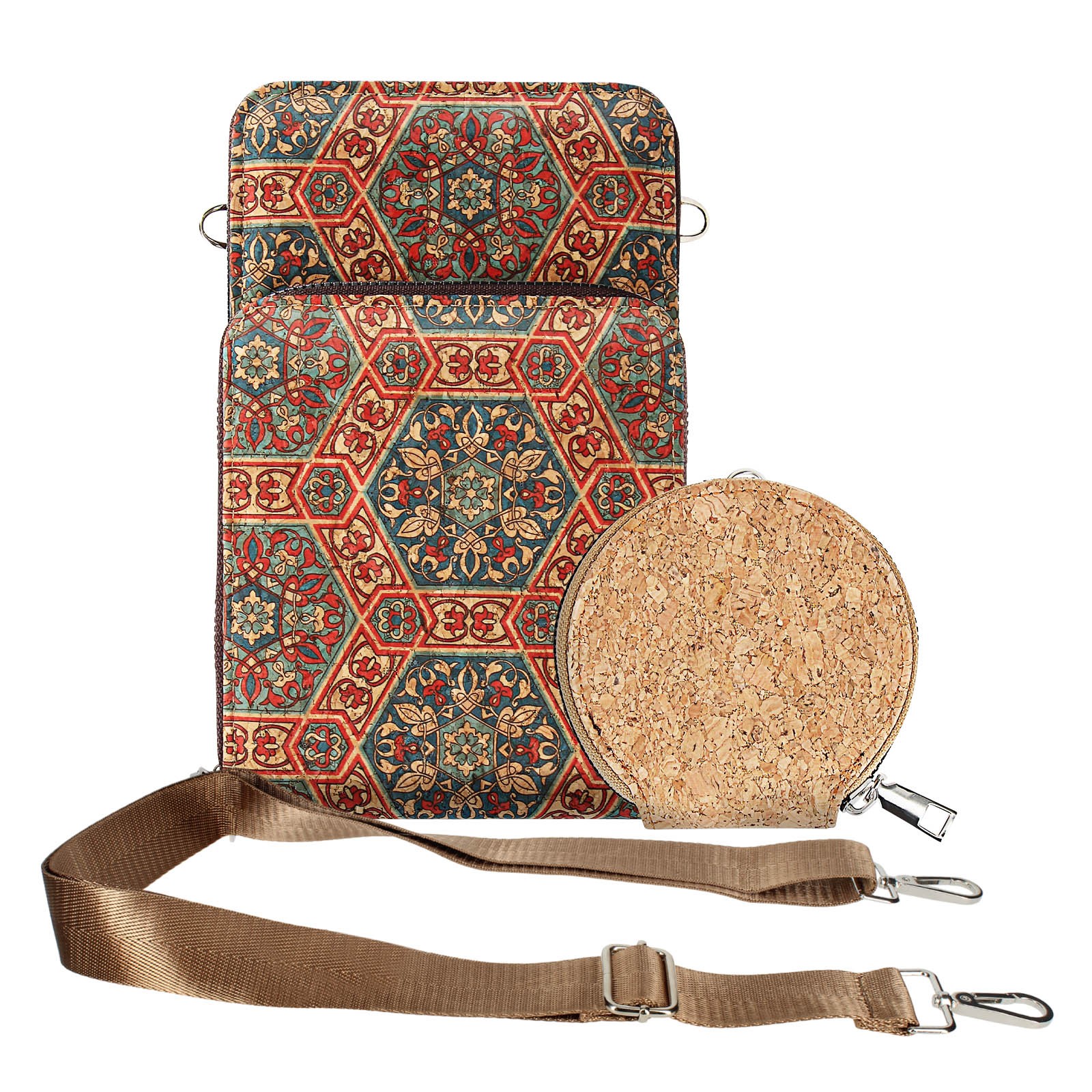 Sacoche en liège de luxe Avizar, sac bandoulière triple zip aux finitions lys multicolore
