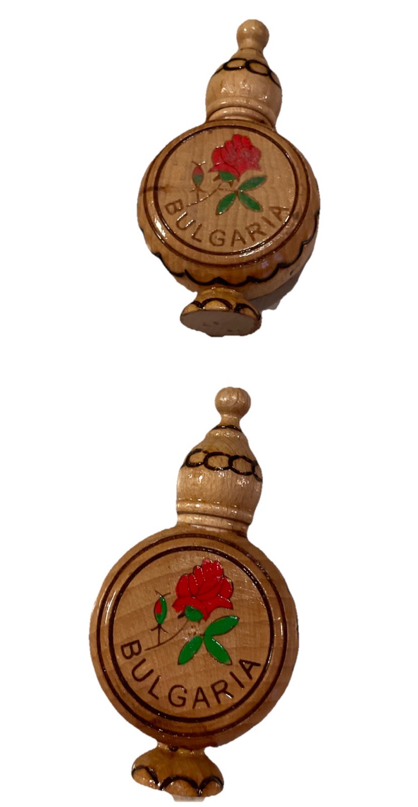 Vintage Bulgarian Small Wooden Bottles With Perfume Holders Folk Motif Set Of 2
