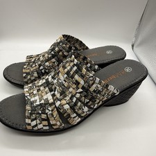 Bernie Mev Wedge Open Toe Woven Fabric Slip On Gray/Tan/White Sz 38 US 8