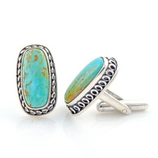 Arizona Turquoise Gemstone Rectangle Cufflinks Sterling Silver Engraved Jewelry