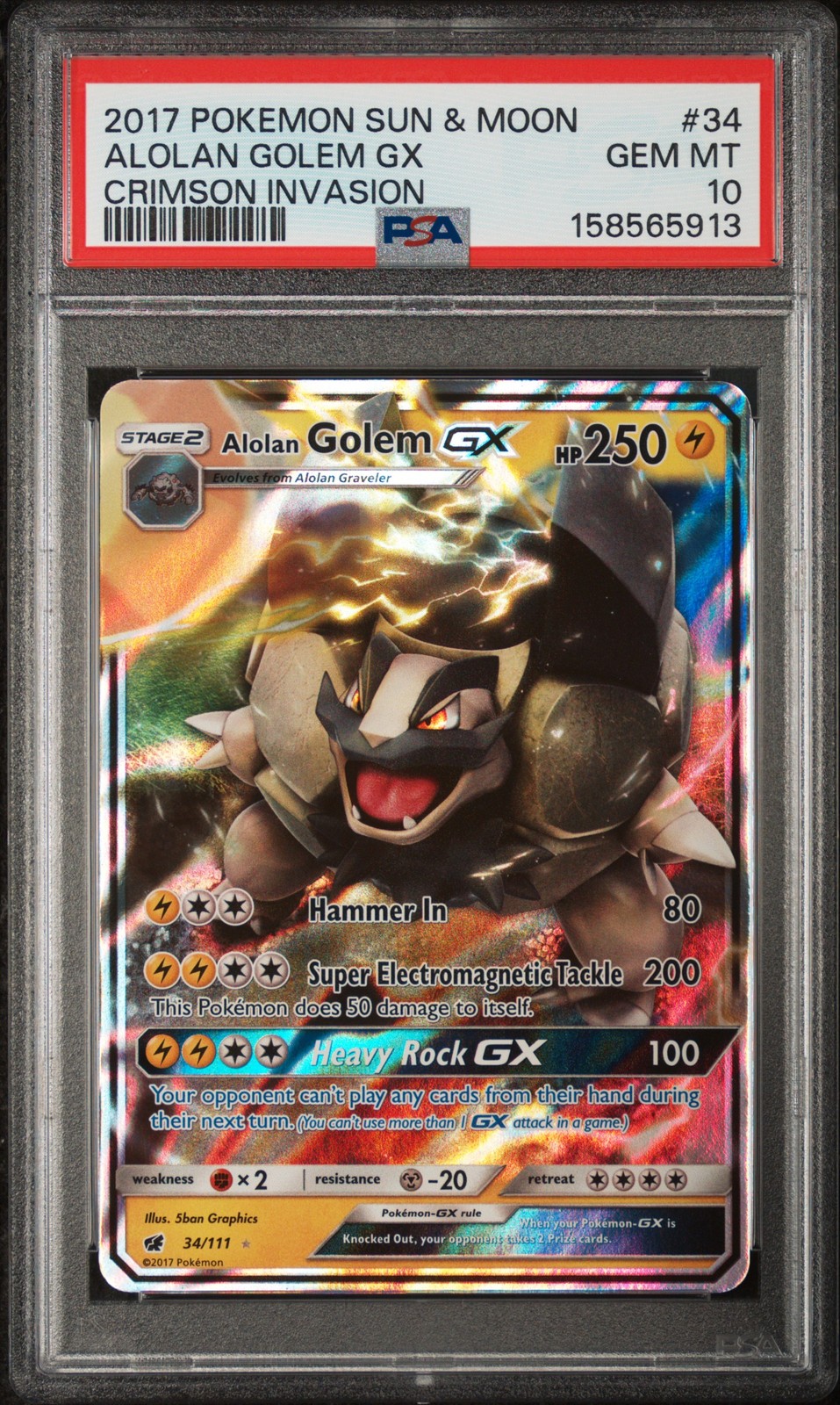 Pokemon Crimson Invasion Alolan Golem GX 34 PSA 10