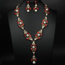 Girls Necklace Drop Dangle Earrings Jewelry Set Choker Vintage Pearl Accessory