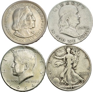Künker: USA 4 x Half Dollar 1893 1964 diverse Motive Silber Top!