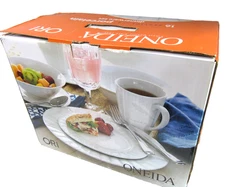 ONEIDA ORI Dinnerware Set 16 Service Plates Bowls Cups White Ribbed In Box Rare