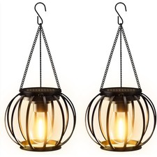 2Pcs Outdoor Solar Lanterns Metal Hanging Solar Lights Garden Decor Waterproof