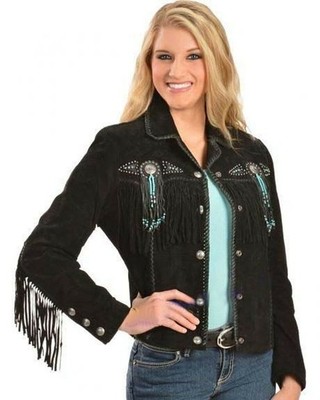 Women Western Cowboy Suede Fringe Jacket Native American Leather Bone Beads Coat