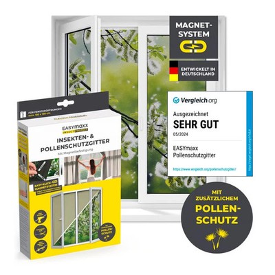 EASYmaxx Moskitonetz Pollenschutz 150x130cm Fenster Fliegengitter 12 Magnete