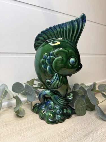 Vintage MCM Royal Haeger Green Koi Fish Pottery Vase