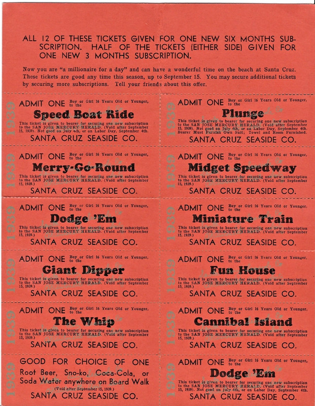 Rare Full Sheet Newspaper Premium 1939 Santa Cruz Beach Boardwalk Tickets Plus 1