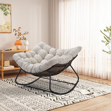 Papasan Rocking Chair, Rattan Rocking Chair w Cushion for Indoor/Porch/Garden