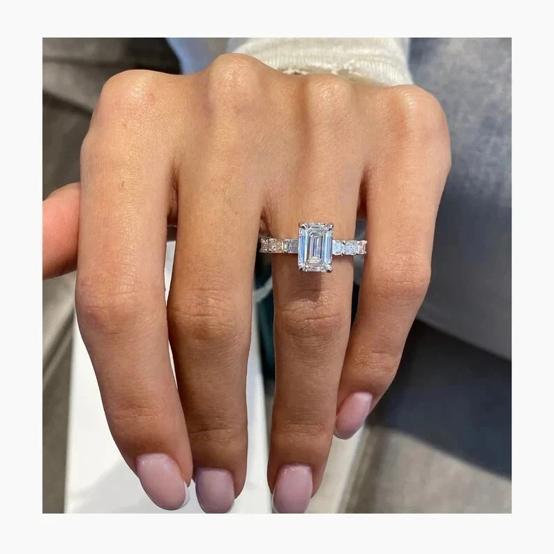 Emerald Cut Certified Moissanite Engagement Ring With Baguette Band Ring 2.50 CT - Image 4 of 4