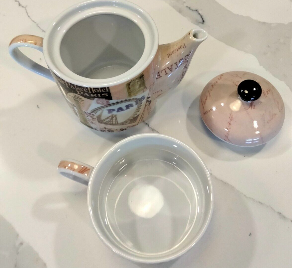 Luxurious Porcelain Tea for One Teapot & Mug Set...Paris Postale...top