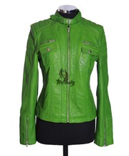 Ladies Julia Lime Green New Retro Real Soft Lambskin Biker Style Short Jacket