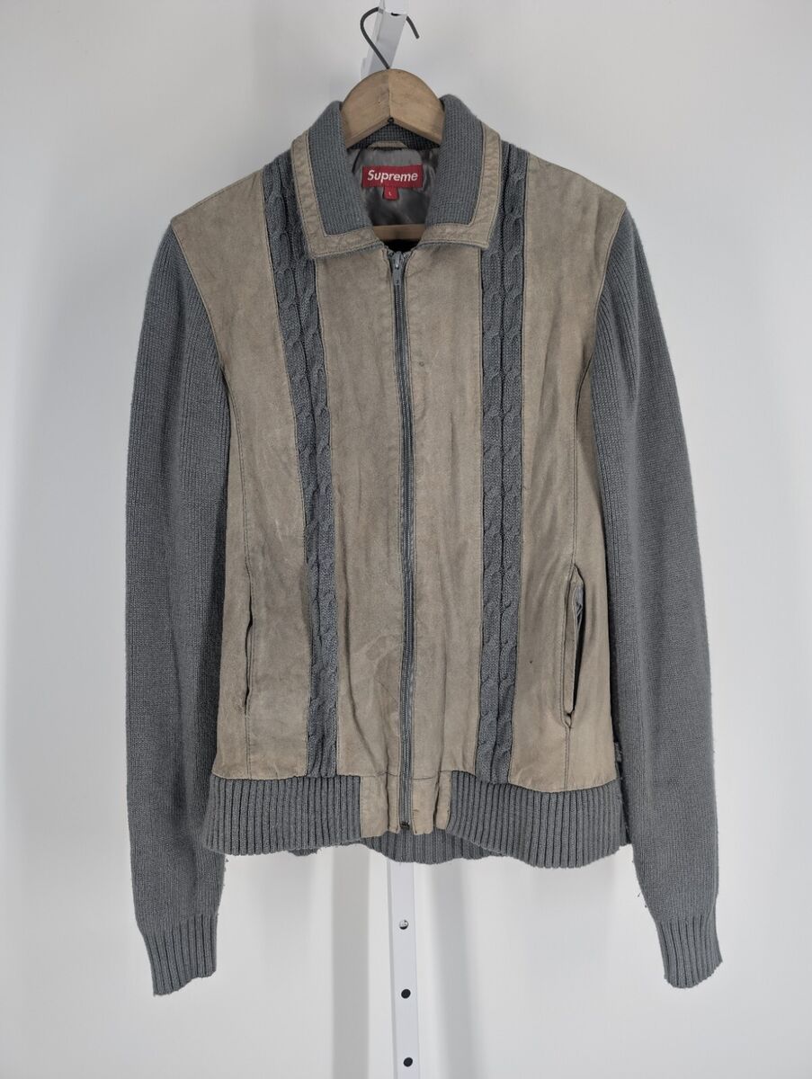 Supreme FW 2009 Suede Cable Knit Zip Sweater Gray Large Rare Supreme FW 2009 Suede Cable Knit Zip Sweater Gray Large Rare