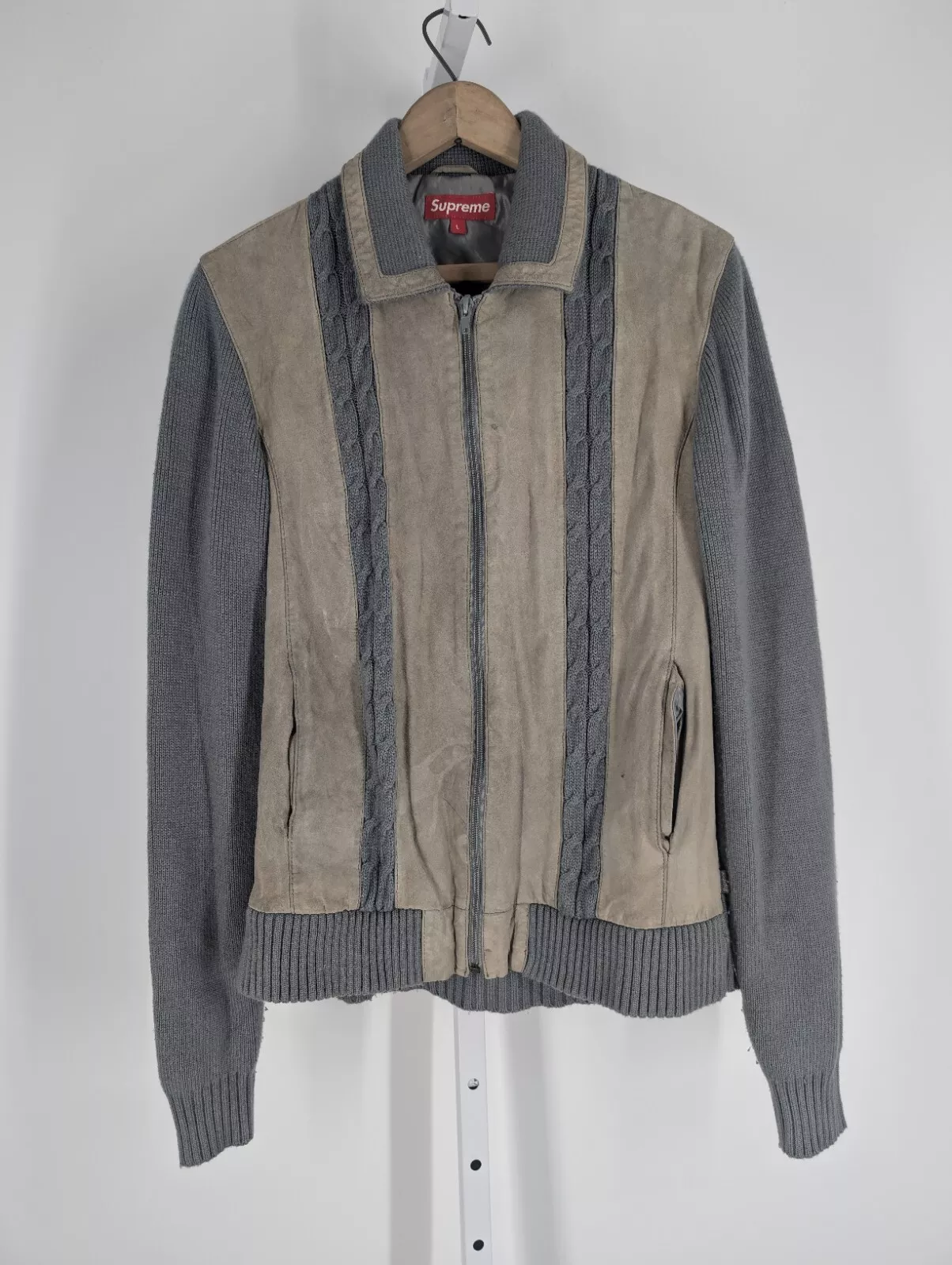 Pull à fermeture éclair tricoté câble en daim gris grand rare mod italien années 70