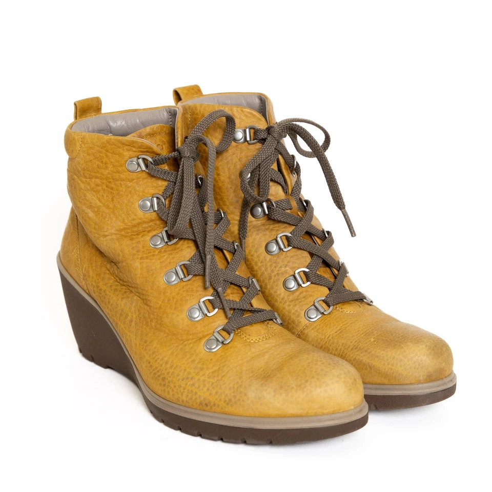 ECCO женщин мягкой кожи шнурует вверх середины на танкетке ботильоны горчичный желтый ЕС 39 США 8 - Изображение 2 из 4