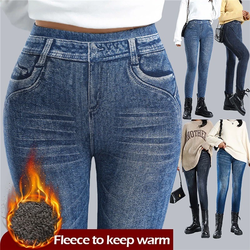 Women Winter Thermal Jeans-Look Fleece Lined Stretch Leggings Warm Jegging  Pants