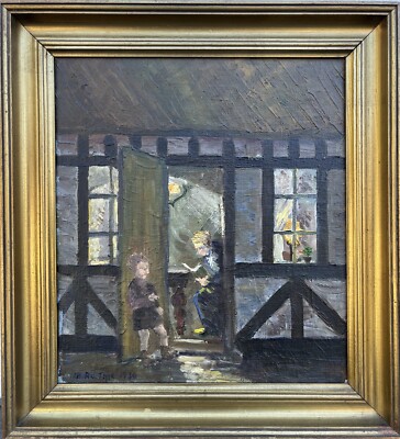 Altes Fachwerkhaus Mann liest Jungen vor Fenster mit Lampenlicht Ölbild 1936 