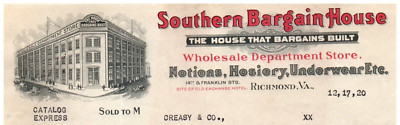 Richmond VA Southern Bargain House Underwear Receipt Portrait Letterhead 1920