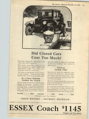 1922 Paper Ad Car Auto Automobile Essex Coach Closed Car Winter  Detroit MI