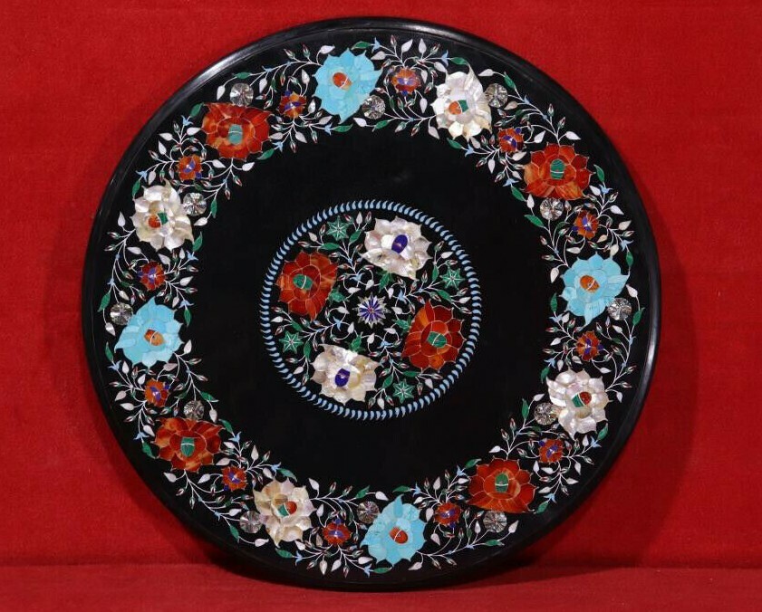 30-Inch Marble Table Top with Semi-Precious Stone Inlay Marquetry Decor