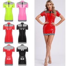 Women's Clubwear Sexy Dress Checkerboard Costume Patent Leather Nightwear Mini