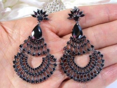 GORGEOUS Designer Fallon Black Crystal Drop Dangle Pierced Earrings