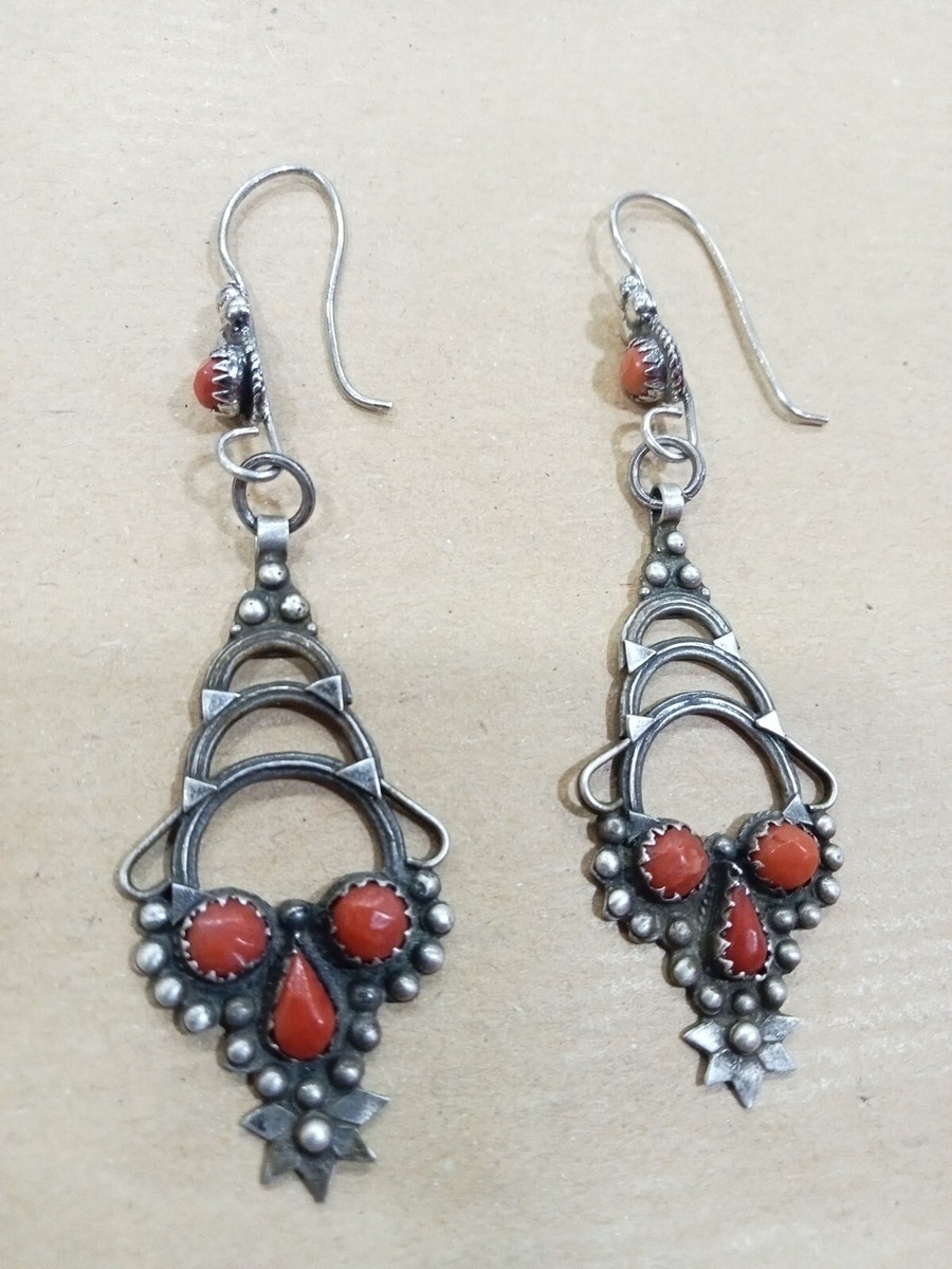 Boucles D'oreilles Anciennes En Argent Massif Traditionnel - Style Boucle, Pierre Rouge