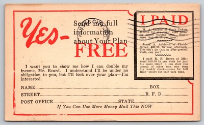''Key to Bigger Profits'' ''$3 Per Hour!'' Information Request Reply Card Postcard