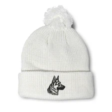 Pom Pom Beanies for Women Black German Shepherd Head Embroidery Dogs Skull Cap