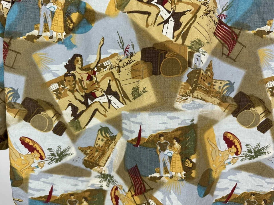 Vintage 90s Hawaiian Shirt Men XL Bikini Beach Postcard Collage Roundtree Yorke - Image 3 of 4