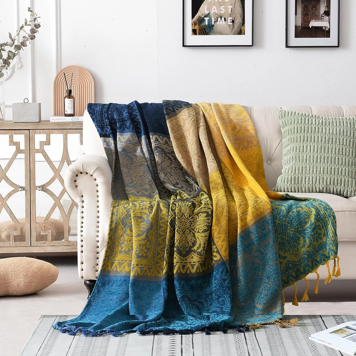 Bohemian Throw Blanket for Couch Colorful Chenille Tassels Boho