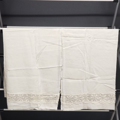 One Pair Of Solid White Curtains w Drawn Thread Lace Inserts 34''x26'' Per Panel